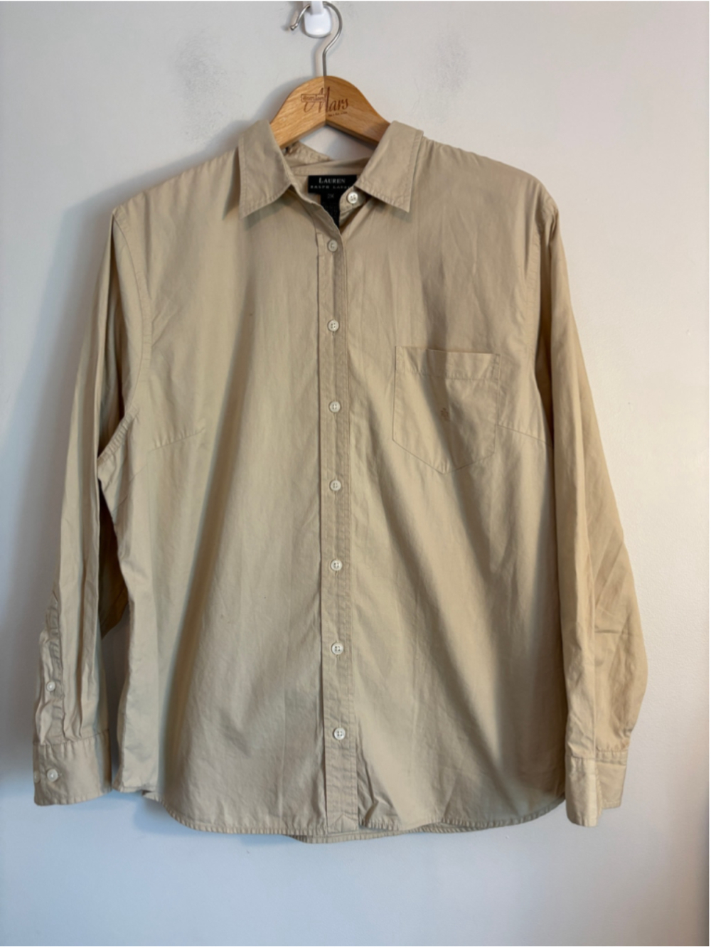 Lauren Ralph Lauren Beige, Long Sleeve Cotton Button-Up Shirt Womens 2X Preppy